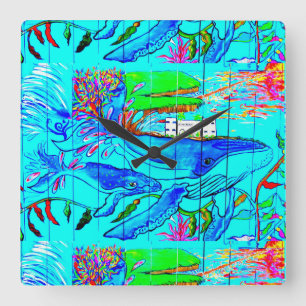 Cuadrado reloj mural de ballenas jorobadas