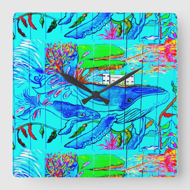 Cuadrado reloj mural de ballenas jorobadas (Anverso)