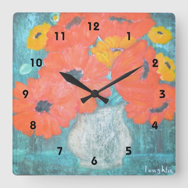 Cuadrado Reloj mural de los Coppies Rojo y Amarillo (Anverso)