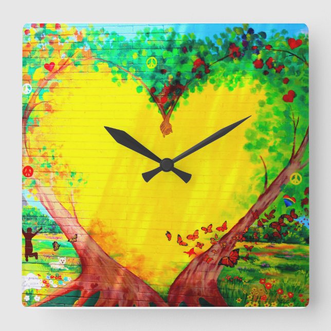 Cuadrado reloj mural del corazón dorado (Anverso)