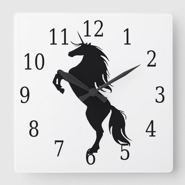Cuadrado Reloj negro de silueta de unicornio (Anverso)