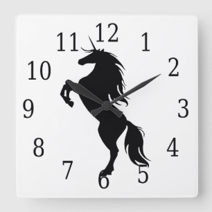 Cuadrado Reloj negro de silueta de unicornio