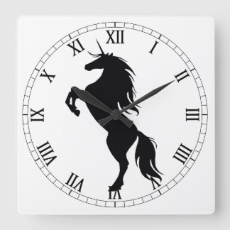Cuadrado Reloj numérico romano de silueta negro unicornio