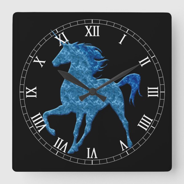 Cuadrado Reloj numérico romano unicornio de fuego azul (Anverso)