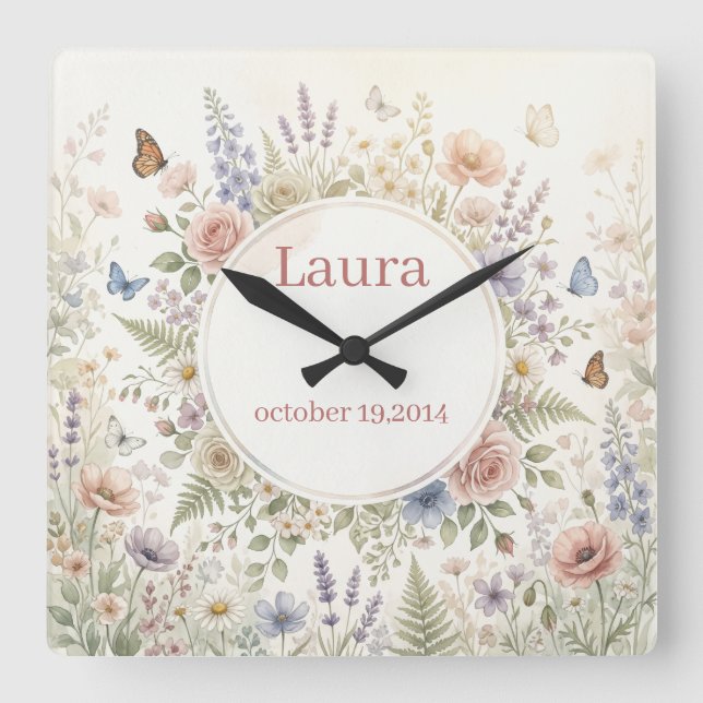 Cuadrado Reloj personalizado de acuarela floral soñadora (Anverso)