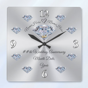 Cuadrado Reloj personalizado de aniversario de diamante, CR