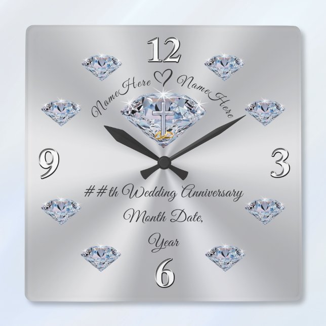 Cuadrado Reloj personalizado de aniversario de diamante, CR (Christian wedding anniversary gifts. 60th wedding anniversary presents for parents. Diamond themed.)