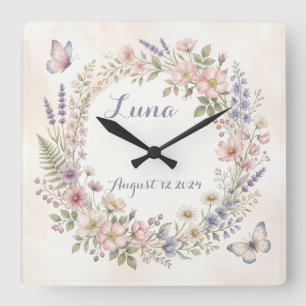 Cuadrado Reloj personalizado de flores acuarela soñadoras