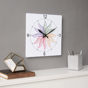 Cuadrado Reloj - Plumas de colores