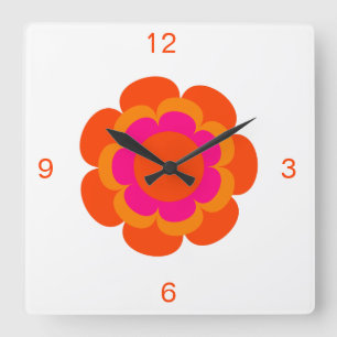 Cuadrado Reloj redondo de flores rosadas y Naranjas calient