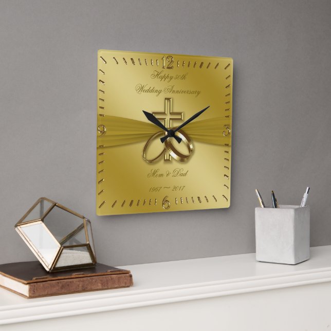Cuadrado Reloj religioso de oro de 50 años de Boda (Oficina)