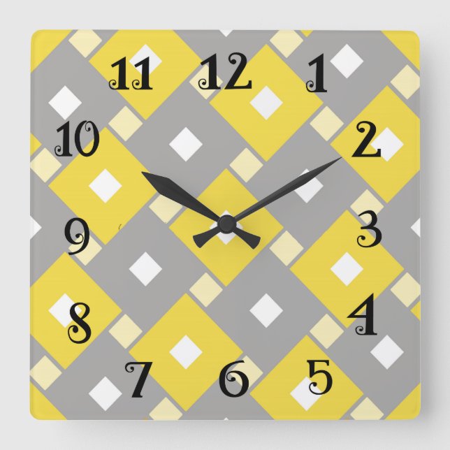 Cuadrado Reloj retro moderno - amarillo y gris. (Anverso)