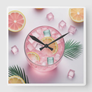 Cuadrado Reloj rosa de pared de cristal de lemonade - veran