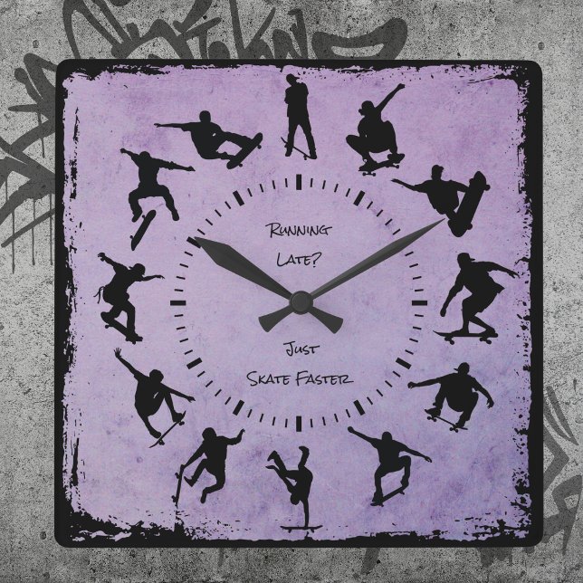 Cuadrado Reloj Skater Boy de Purple Grind Time (Grind Time Custom Skater Boy Clock Purple)