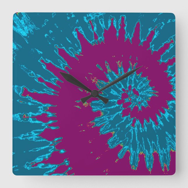 Cuadrado Reloj Tie Dye de espiral verde azulado y granate (Anverso)