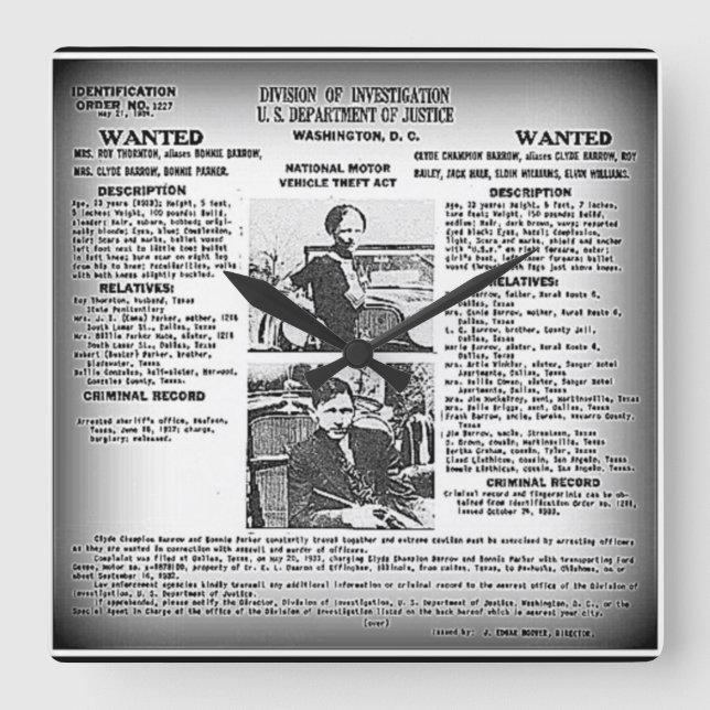 Cuadrado Reloj único de Bonnie y de Clyde /wall (Anverso)