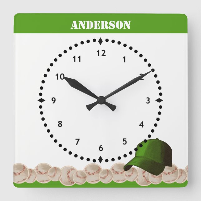 Cuadrado Reloj verde de pared de béisbol (Anverso)