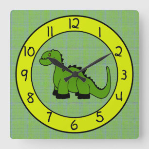 Cuadrado Reloj verde de pared de dinosaurios para niños