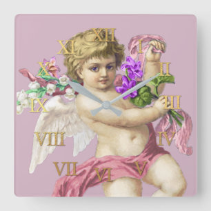 Cuadrado Reloj vintage números romanos Cherub rosa