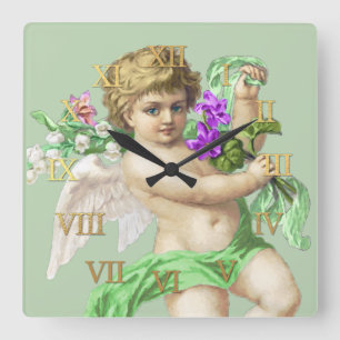 Cuadrado Reloj vintage números romanos Cherub Verde