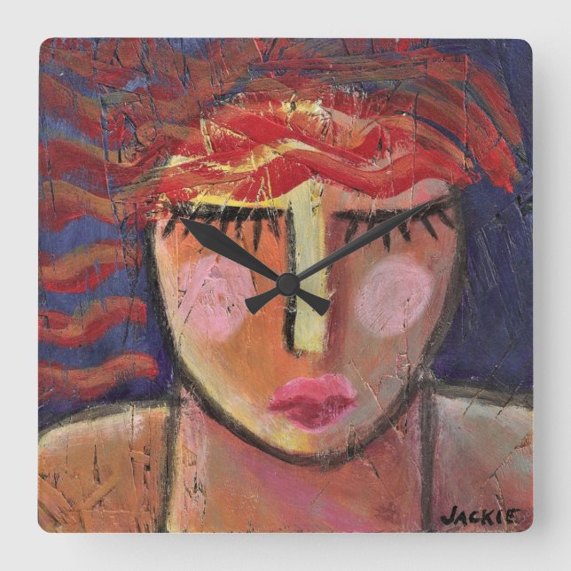 Cuadrado Retrato abstracto de una mujer con un reloj grande (Anverso)