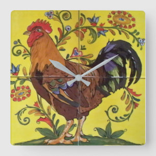 Cuadrado Rooster Rojo Pollo Amarillo Folklórico Reloj de m