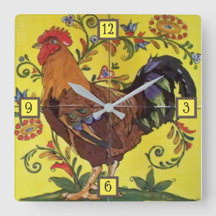 Cuadrado Rooster Rojo Pollo Amarillo Folklórico Reloj de mo