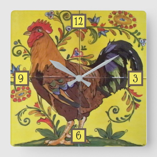 Cuadrado Rooster Rojo Pollo Amarillo Folklórico Reloj de mo (Anverso)