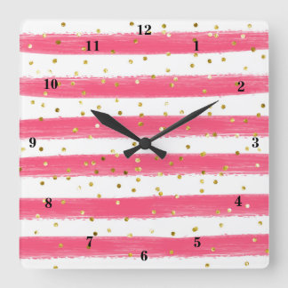 Cuadrado Rosa moderno, blanco, rayas de oro, reloj de confe