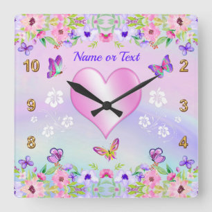 Cuadrado Rosa, Púrpura, Flores, Mariposas Reloj con nombre