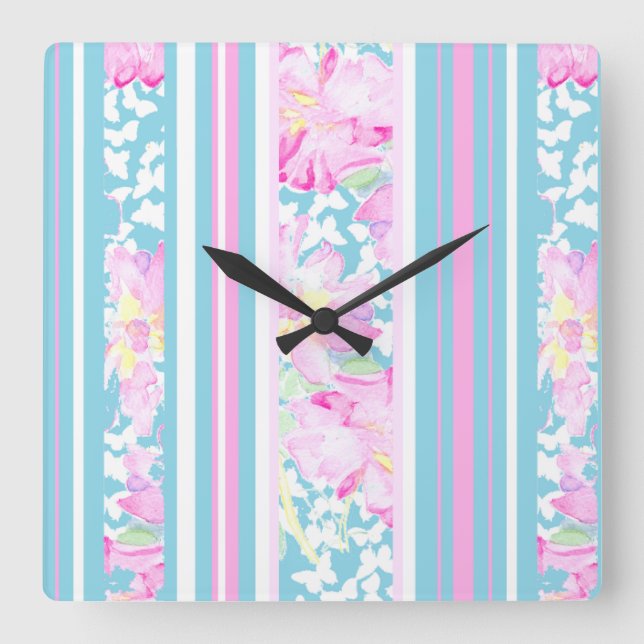 Cuadrado Rosas rosas rosas, bandas turquesas: reloj de pare (Anverso)