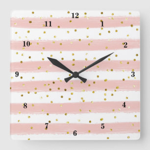Cuadrado Rubor moderno, blanco, rayas, reloj de Confetti de
