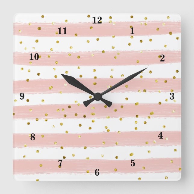 Cuadrado Rubor moderno, blanco, rayas, reloj de Confetti de (Anverso)