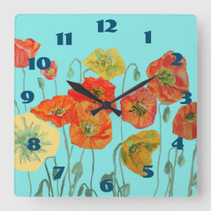 Cuadrado Shabby Chic Aqua Poppies Disquete Floral Reloj