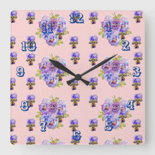 Cuadrado Shabby Chic Pink Pansies Pansy Floral Art Reloj