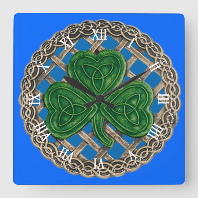 Cuadrado Shamrock azul y nudos celtas reloj numérico romano (Anverso)