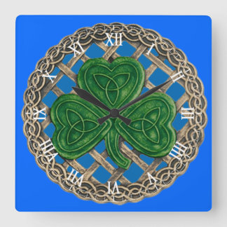 Cuadrado Shamrock azul y nudos celtas reloj numérico romano