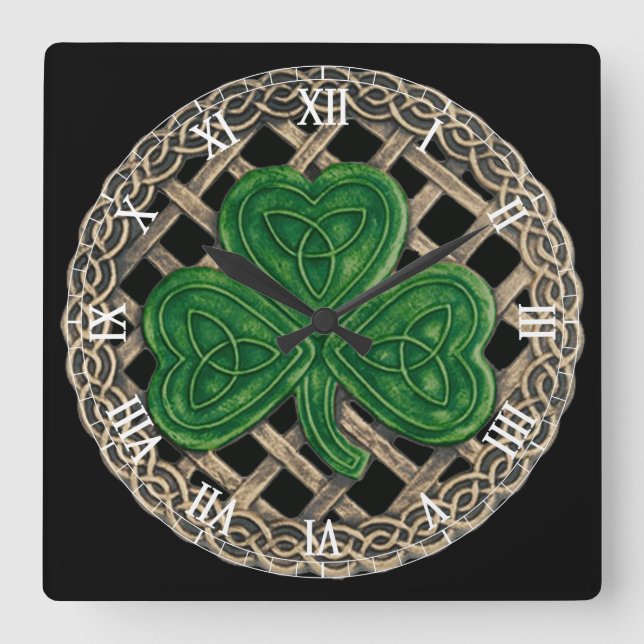 Cuadrado Shamrock negro y nudos celtas reloj de números rom (Anverso)