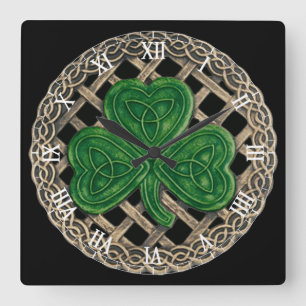 Cuadrado Shamrock negro y nudos celtas reloj de números rom