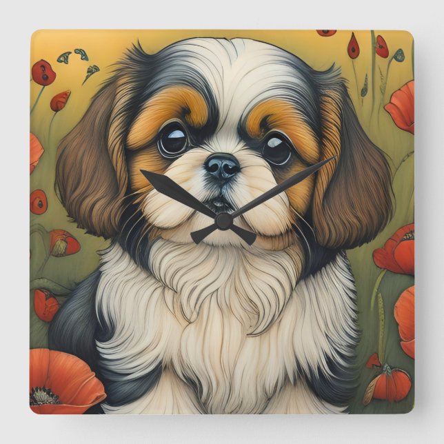 Cuadrado Shihtzu cachorro lindo reloj de regalo (Anverso)
