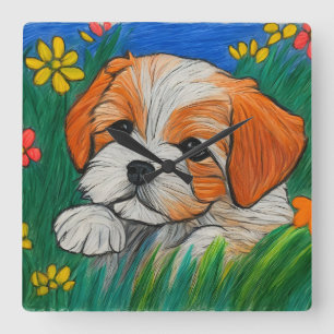 Cuadrado Shihtzu puppy crayon mira reloj de arte