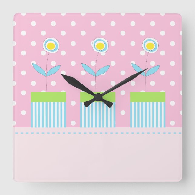 Cuadrado Tres flores en rosa con puntos blancos reloj cuadr (Anverso)