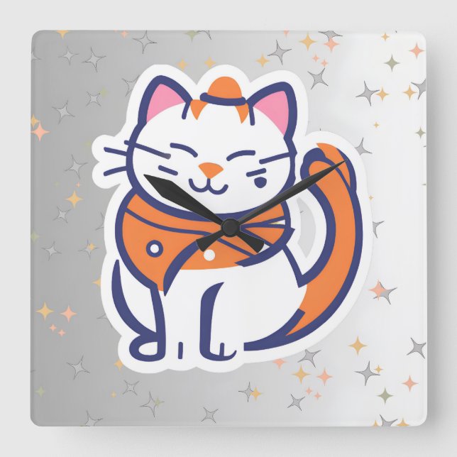 Cuadrado Un gato de tuxedo blanco y rosa muy feliz reloj de (Anverso)