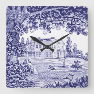 Cuadrado Vintage Blue Toile Reloj de decoración de campo fr
