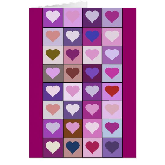 Cuadrados púrpuras y rosados del corazón tarjeta de felicitación