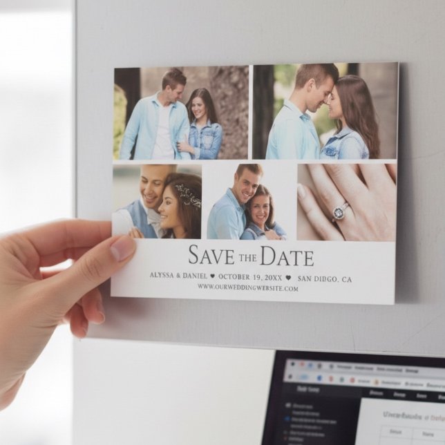 Cuadrícula de fotos chic para boda, tarjeta magnét (Modern photo collage save the date magnetic wedding card.)
