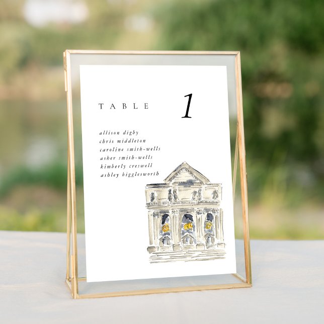 Cuadro de asientos de Bodas de la Biblioteca Públi (Watercolor New York City Public Library wedding table number seating chart sign.)