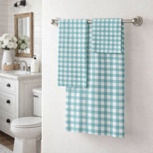 Cuadro de Gingham Verde Azul y Blanco a Cuadros (A towel set featuring a teal and white gingham plaid pattern.)