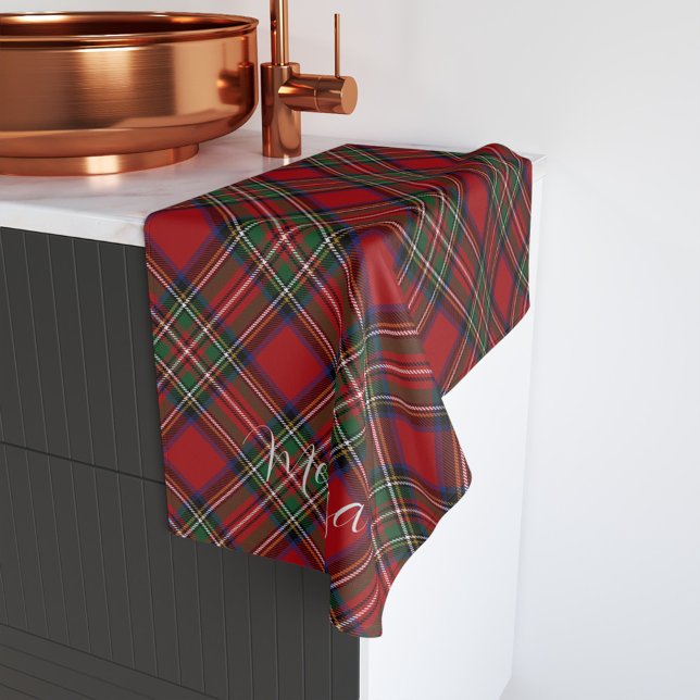Cuadro Escocés Rojo Verde Rústico Clásico Tartán (Rustic Plaid Script Typography Stewart Tartan Hand Towel)