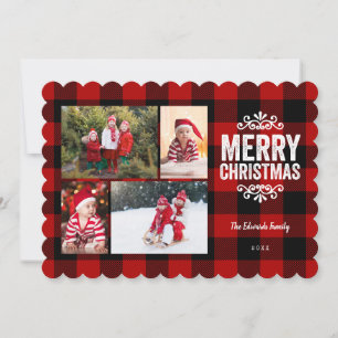 Cuadro Rojo Rústico Tarjeta de Navidad con 4 Fotos